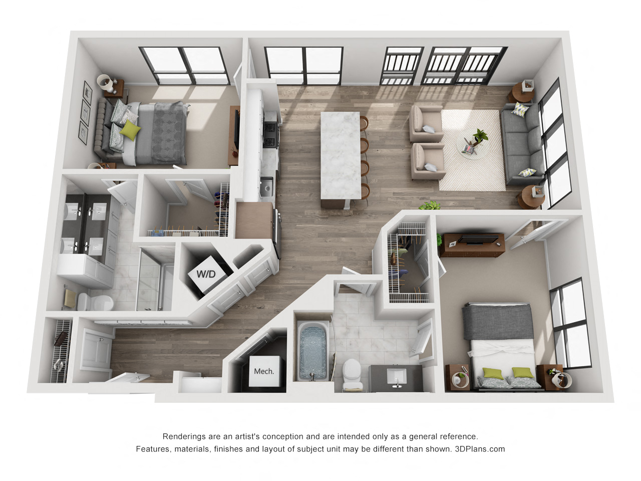 Floor plan for 2 beds, 2 baths, 1107 sqft